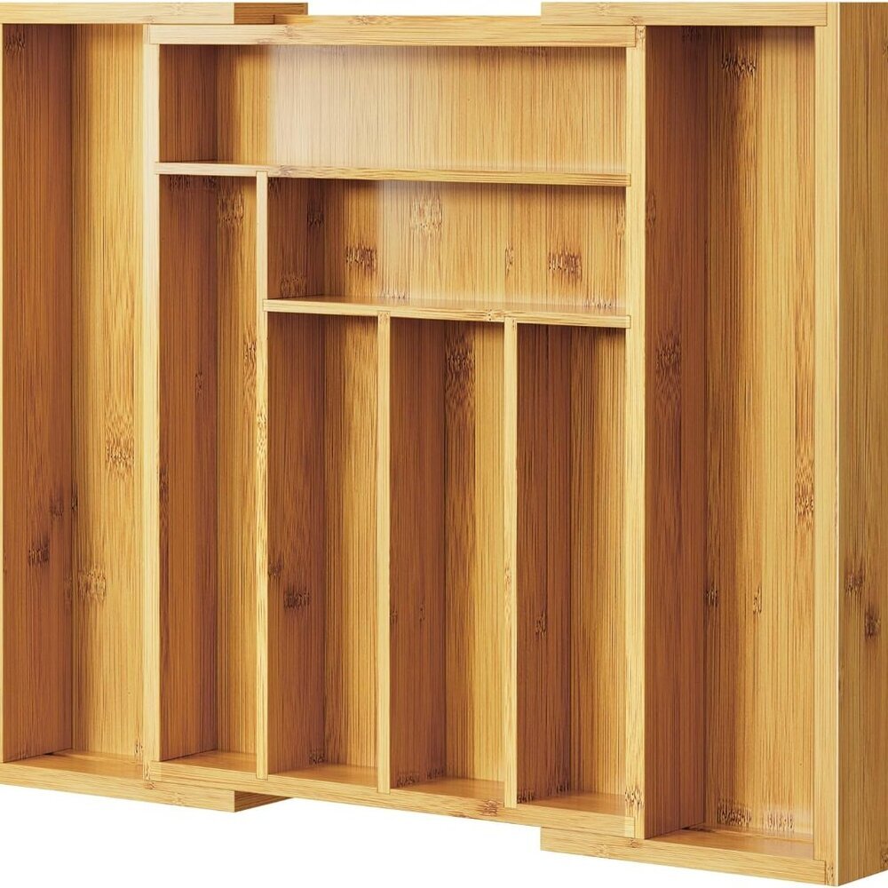 Bamboo Silverware Organizer, Expandable Cutlery Tray, Utensil Drawer Organizer i